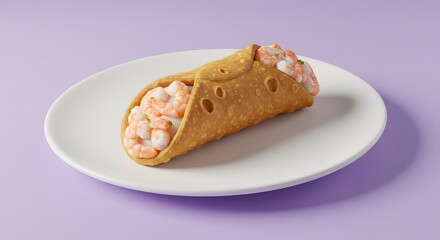 A cannoli dessert with creamy filling on a white plate against a light purple colored background in studio shot
