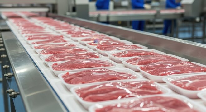 Rows of packaged raw meat move along a conveyor belt in a modern food processing factory