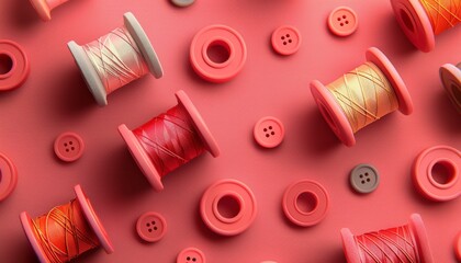Monochromatic Sewing Threads and Buttons on Pink Background