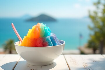 Colorful rainbow shaved ice in a white cup at seaside café terrace with ocean view and summer sky