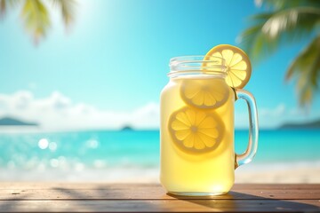 Fresh lemonade with lemon slices in a glass jar on beach table with sea and summer sky