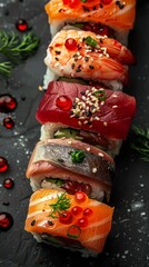 Sushi pieces artistically presented with vibrant garnishes and tantalizing toppings