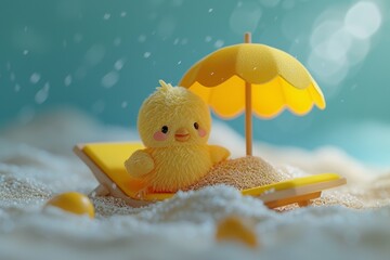 Yellow toy duck sits under a yellow beach umbrella on sandy terrain