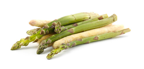 Many raw asparagus spears isolated on white