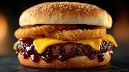 A savory beef burger with crispy onion rings, melted cheddar cheese, and a tangy BBQ sauce on a toasted brioche bun