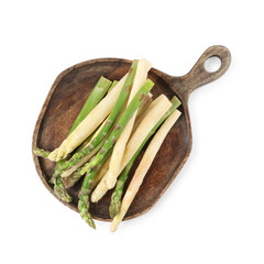 Different raw asparagus spears isolated on white, top view