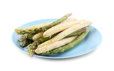 Different raw asparagus spears isolated on white