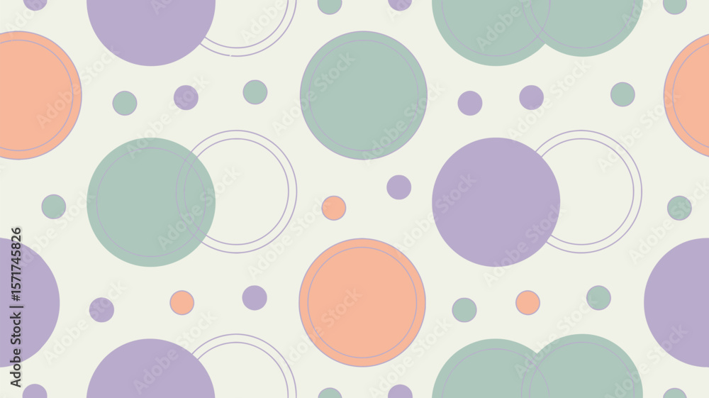 Poster pastel colored circles and rings arranged in a repeating pattern on cream background