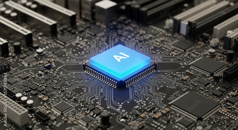 Poster ai microchip on a computer motherboard with glowing blue light
