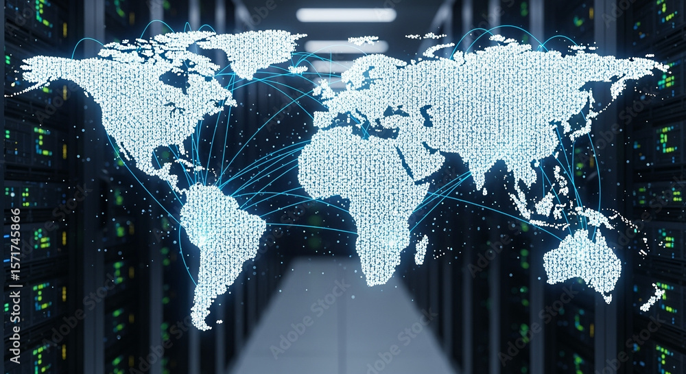 Poster global network data servers digital connections world map technology