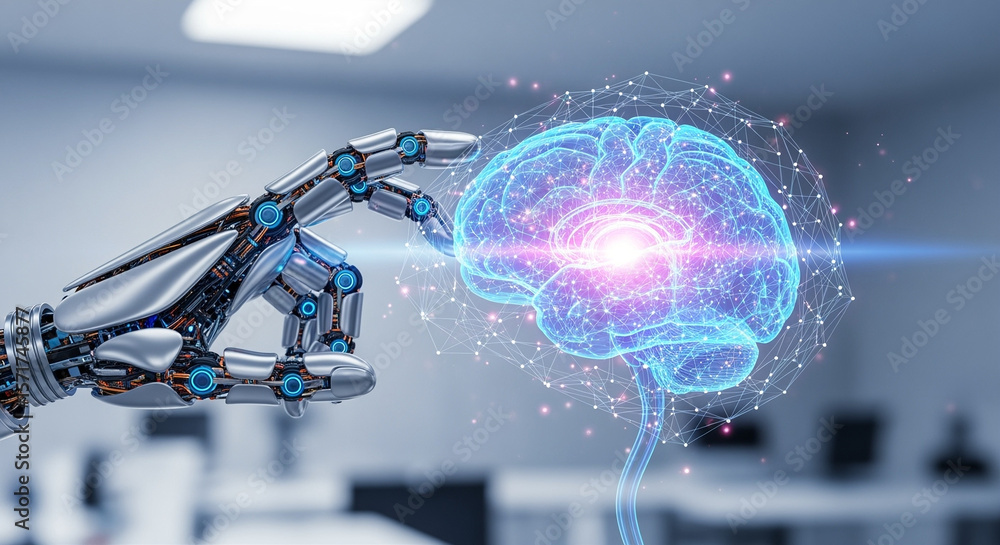 Aufkleber robot hand touching glowing digital brain network with light