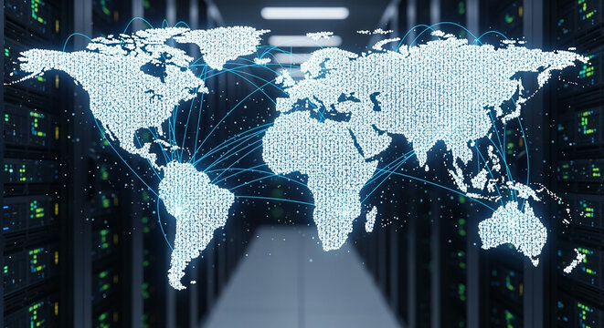 Global network data servers digital connections world map technology