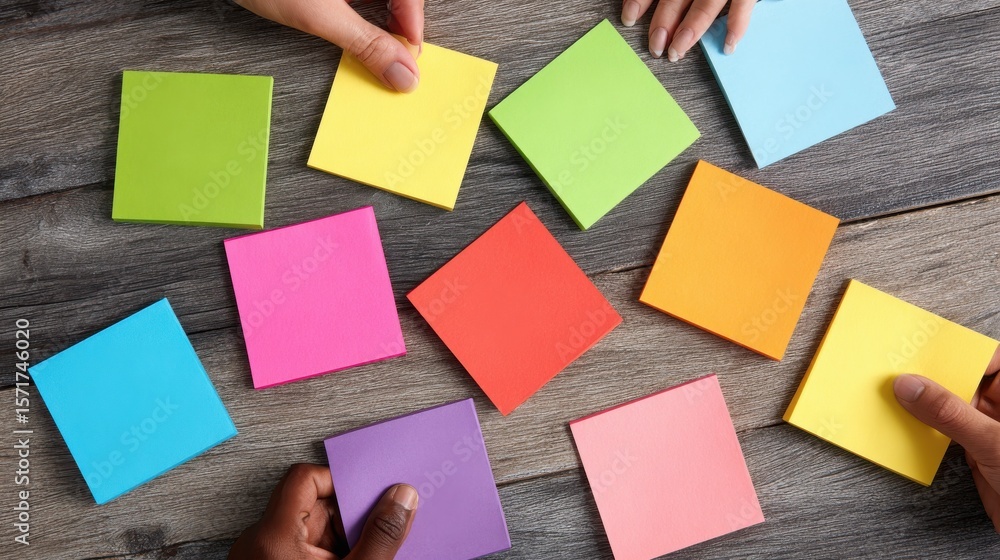 Poster group brainstorming session with colorful sticky notes on wooden table background, top view.