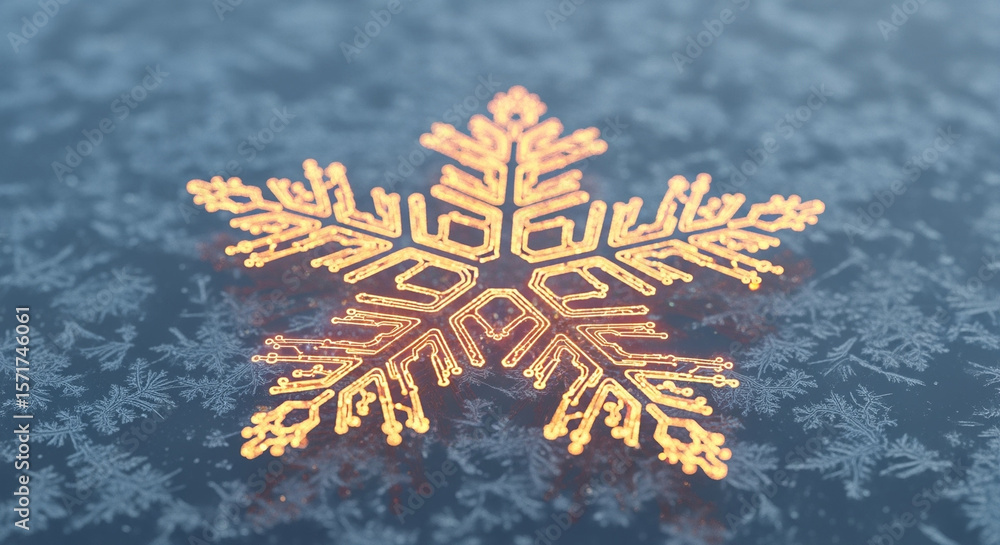 Aufkleber glowing digital snowflake on icy surface with frost patterns