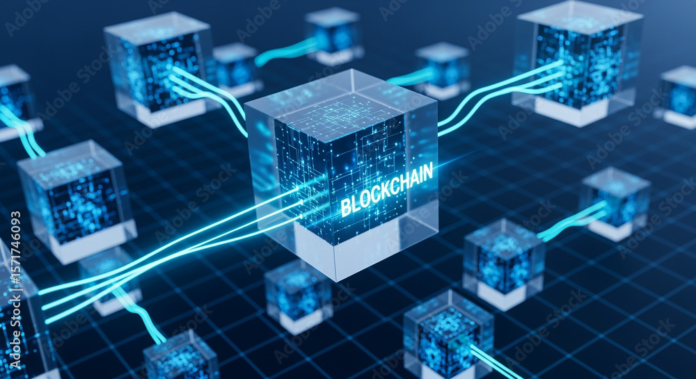 Poster blockchain network technology with glowing cubes and data connections