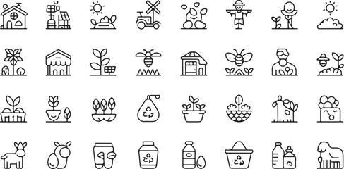 Collection of simple line art icons representing farming agriculture sustainability and rural life with various elements