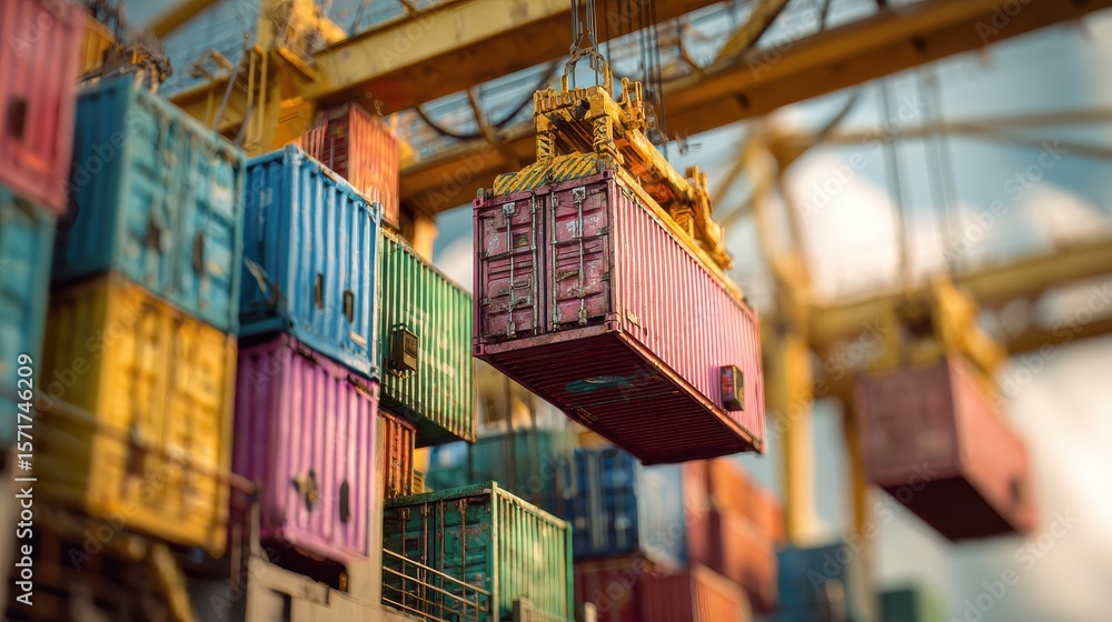 Poster close-up of a crane loading colorful cargo containers onto a ship, showcasing the intricate details 