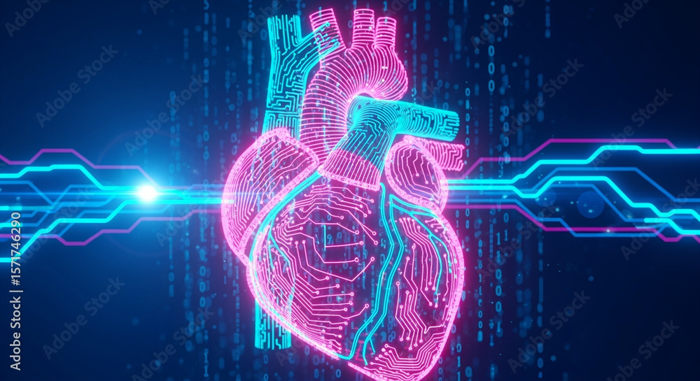 Poster digital heart with circuit board patterns and glowing blue and pink lines on a dark background
