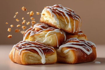 Cinnamon buns stacked in swirl formation with icing melting