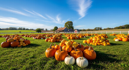 Autumn Harvest A Bountiful Field of Pumpkins Under a Sunny Sky
