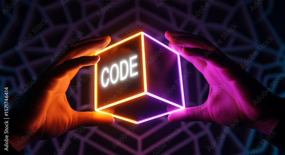 Poster hands holding glowing neon cube with code text technology concept