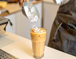 A tall glass filled with a light brown, creamy iced coffee or latte. Ice cubes are added to the...