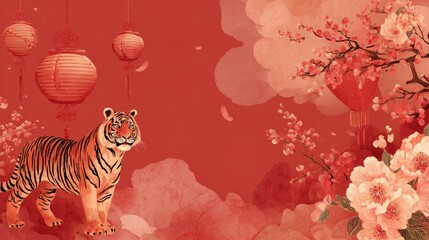 Chinese new year 2022 year of the tiger watercolor background vector. Cute tiger and Chinese lamp, flower on oriental festive red watercolor theme background., no logos, no brands