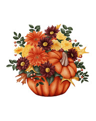 Watercolor illustration of a pumpkin filled with fall colors and foliage. Perfect for fall wedding invitations, thanksgiving cards, seasonal prints,