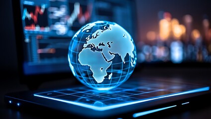 Global Digital Connectivity: A Crystal Globe Resting on a Glowing Laptop Keyboard, Financial Markets and Global Business in the Digital Age