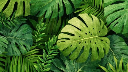 Obraz premium Abstract foliage and botanical background. Green tropical forest wallpaper of monstera leaves, palm leaf, branches in hand drawn pattern. Exotic plants background for banner, prints, decor, wall art.