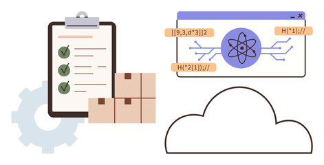 Checklist on clipboard, stacked boxes, code snippets, cloud icon. Ideal for logistics, productivity, coding, technology, business management education simple flat metaphor