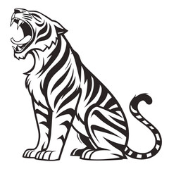 Stylized black and white tiger roaring with open mouth isolated on white background