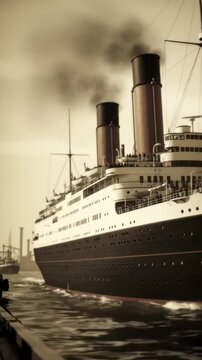Majestic Ocean Liner with Smoking Stacks Departing Historic Port in Sepia Toned Vintage Early 1900s Transportation Scene