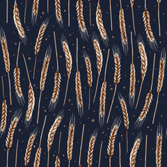 Seamless watercolor pattern with hand-drawn golden ears of wheat on a dark blue background. Perfect for fall-themed projects, packaging, farmhouse kitchen textiles, wrapping paper, digital backdrops
