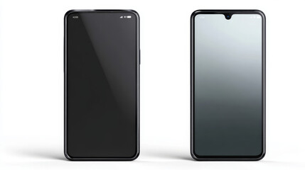 Hand holding the black smart phone with blank screen and modern frameless design in two rotated perspective positions - isolated on white background - Clipping Path