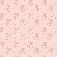 Seamless cherry pattern with bows on a soft pink background. Cute and romantic line art design for fabric, packaging, wallpaper, or stationery.
