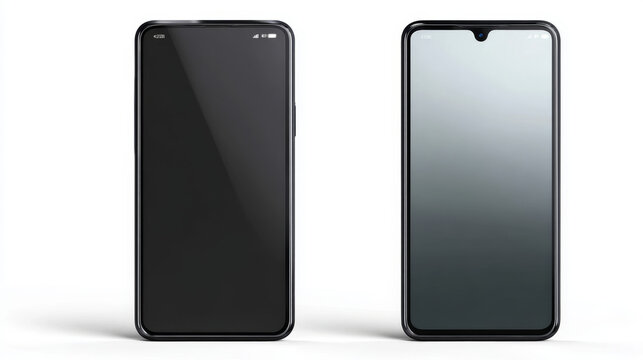 Hand holding the black smart phone with blank screen and modern frameless design in two rotated perspective positions - isolated on white background - Clipping Path