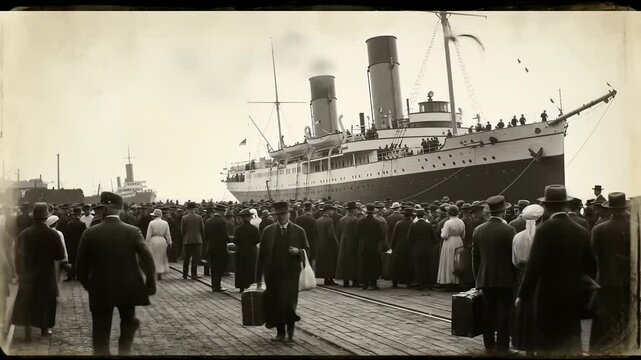 Classic Maritime Port with Massive Ocean Liner and Passengers Boarding During Early 20th Century Travel in Black and White