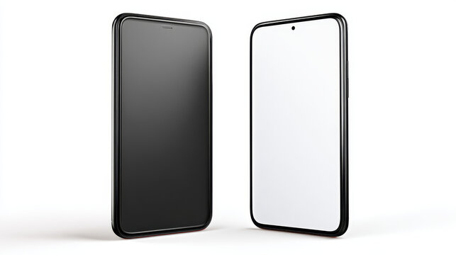 Hand holding the black smart phone with blank screen and modern frameless design in two rotated perspective positions - isolated on white background - Clipping Path