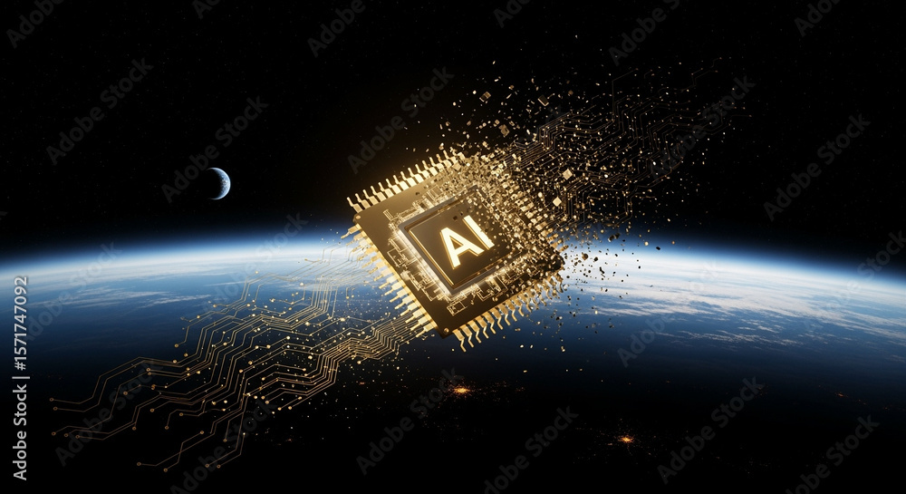 Poster golden ai microchip disintegrating in space above earth with moon