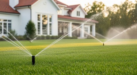 Sprinklers are watering the lush green lawn of a beautiful house on a sunny day
