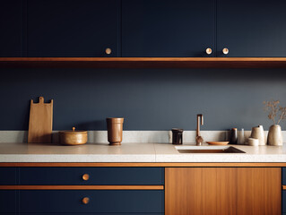Closeup minimalistic midcentury modern kitchen interior in navy and natural wood