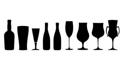Silhouette vector art of assorted wine and beer glasses and bottles design element