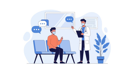 Doctor Discussing Diagnosis With Patient Wearing Masks In Waiting Room