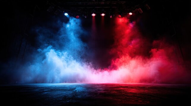 An empty stage illuminated with vibrant red and blue lights creates a dramatic ambiance, with swirling smoke adding depth and mystery to the scene.