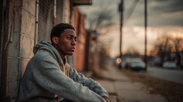 Sitting alone on the sidewalk, an african american teenager looks away with a sad expression. This photo highlights themes of loneliness and depression.