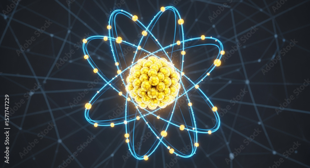 Poster atom structure illustration with orbiting electrons and nucleus