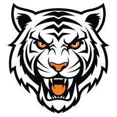 Obraz premium Fierce tiger head with orange eyes and bared teeth isolated on white background