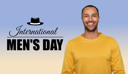 International Men's Day card with hat illustration. Happy man on light blue gradient background