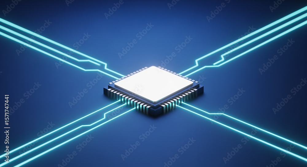 Poster glowing microchip with blue circuit lines on dark background